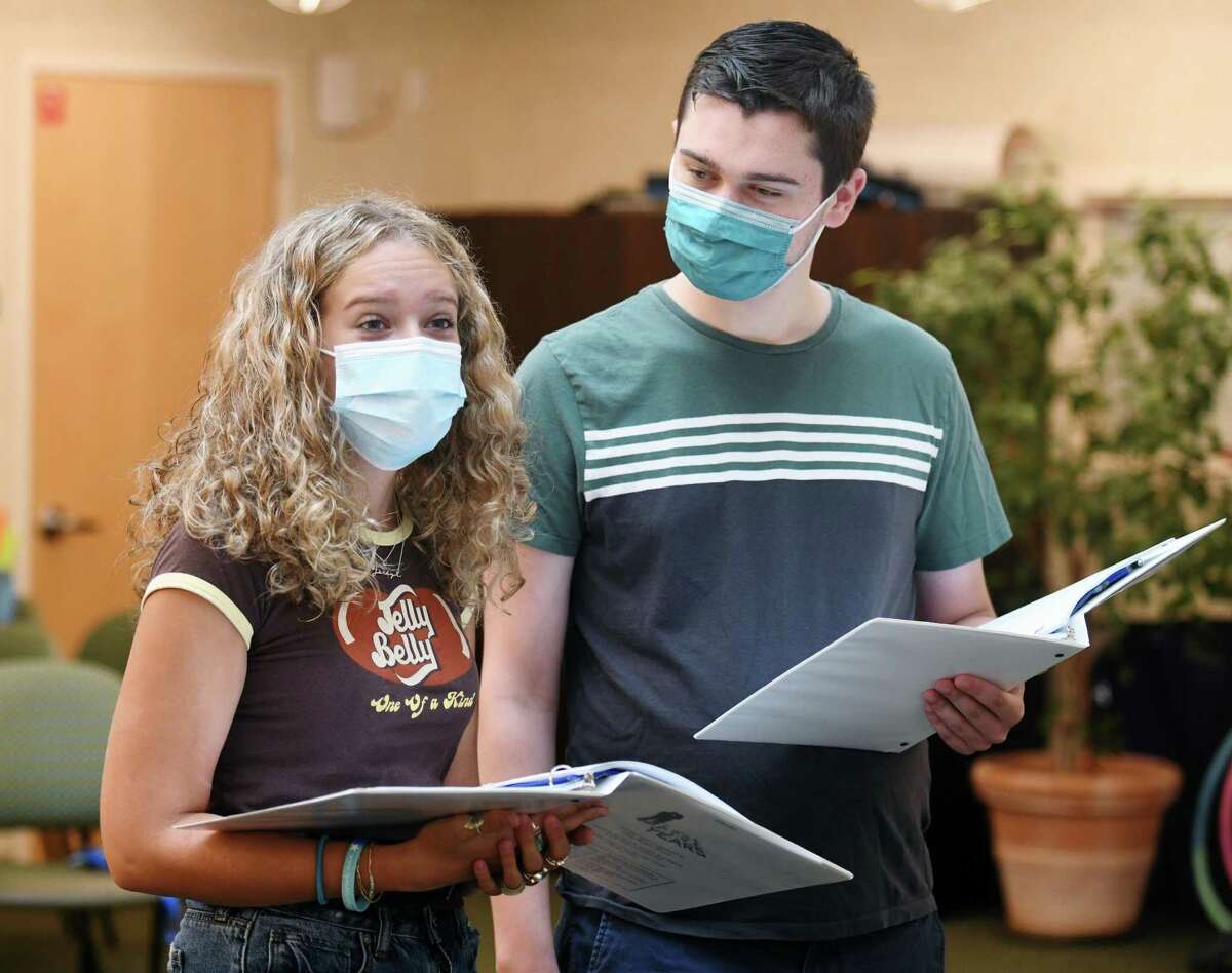 Jordyn Libow and Josh Winston, both 17, playing the roles of Cathy and Jamie in "The Last Five Years," rehearse at River House in the Cos Cob section of Greenwich, Conn. Sunday, July 11, 2021. Unlike many of the arts organizations in town, Greenwich Arts Alliance never closed during the COVID-19 pandemic. The nonprofit, which uses therapeutic arts programs to educate students and seniors, began rehearsal in person again during the first week in June and plans to host two upcoming shows in mid-and-late July.