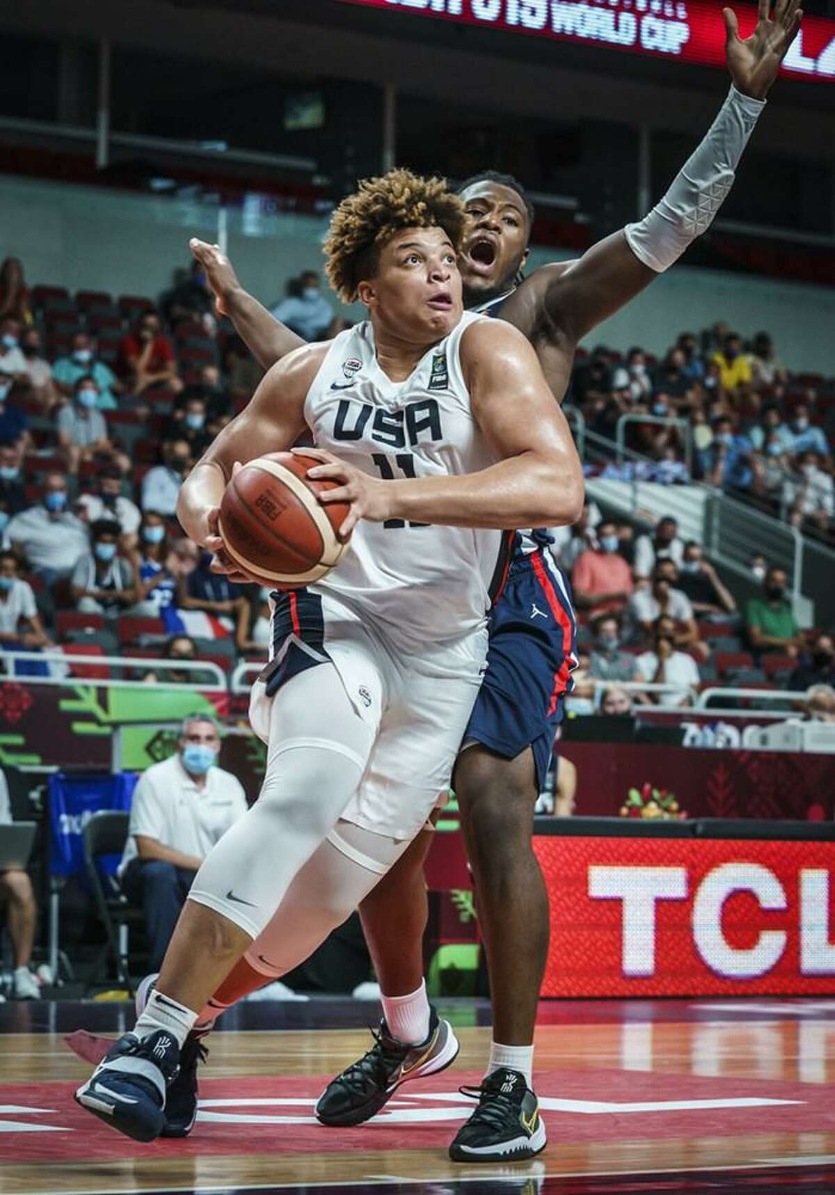 Port Arthur's Kenneth Lofton Jr. drives to the basket for Team USA during Sunday's gold medal game at the U-19 FIBA World Cup in Riga, Latvia.
