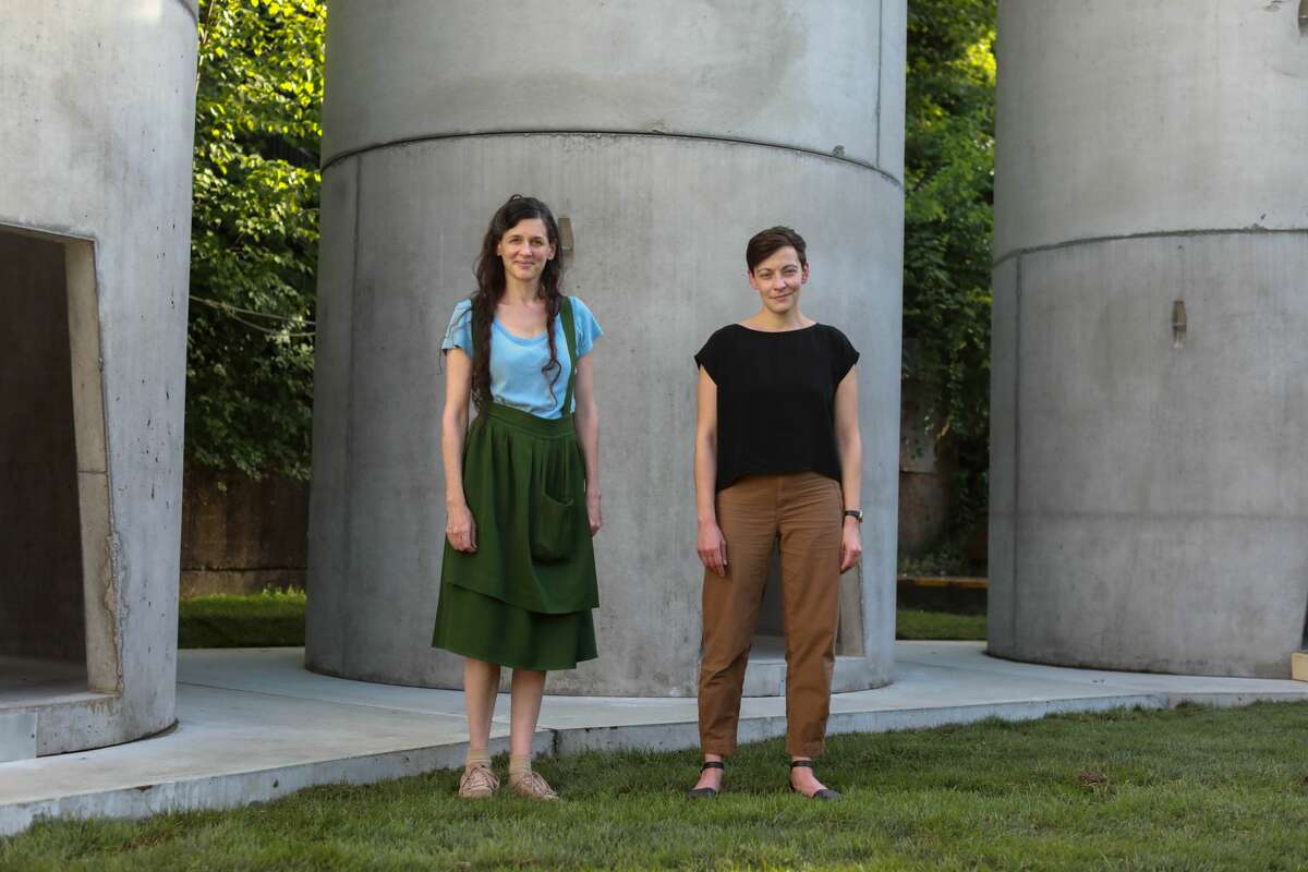 Taryn Simon, left, and curator Alexandra Foradas standing with Simon’s installation, “The Pipes,” which was designed in collaboration with Shohei Shigematsu of the architecture firm OMA. (Photo: Will McLaughlin)