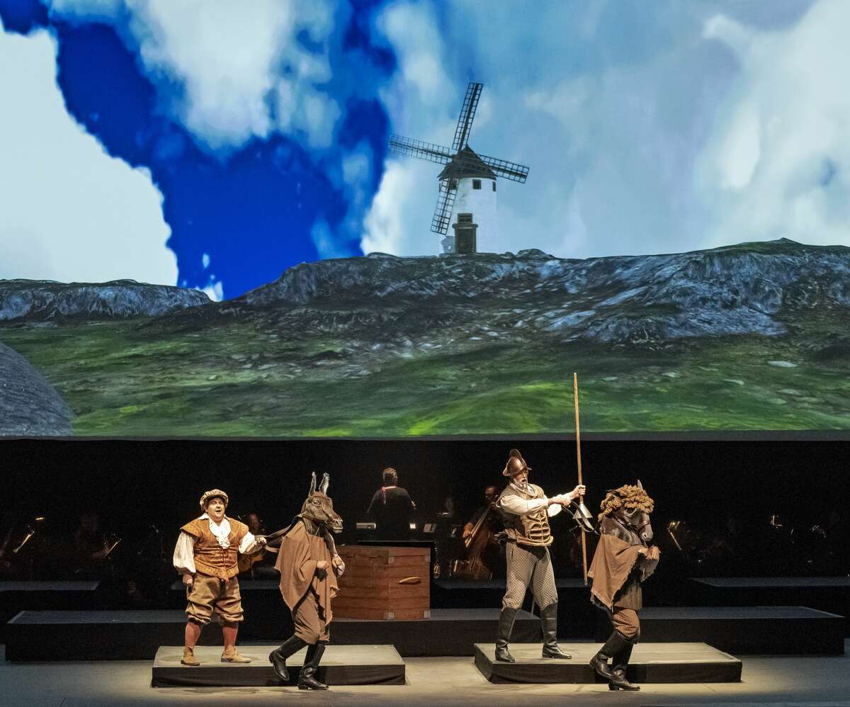 Brian Yeakley as Sancho Panza, left, and Zachary James as Don Quixote in “Man of La Mancha” at Opera Saratoga. (Gary Gold)