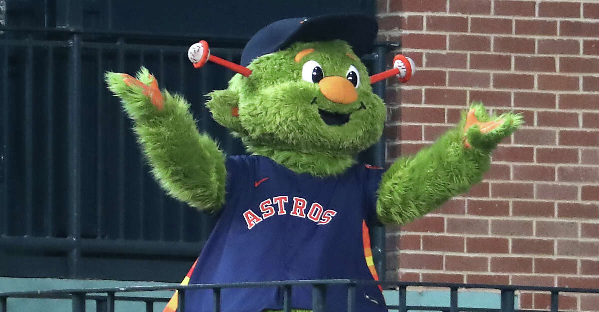 Houston Astros mascot Orbit is introduced as he celebrates his birthday before a major league baseball game against the San Diego Padres Sunday, May 30, 2021, at Minute Maid Park in Houston.