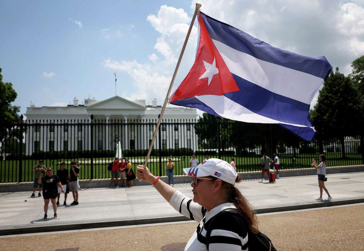 WASHINGTON, DC - JULY 13: Cuban Americans demonstrate outside the White House in support of demonstrations taking place in Cuba on July 12, 2021 in Washington, DC. Thousands of Cubans demonstrated over the weekend in the largest protest in that country in decades, frustrated by food shortages, a struggling economy, and the national response to the COVID-19 pandemic. (Photo by Win McNamee/Getty Images)