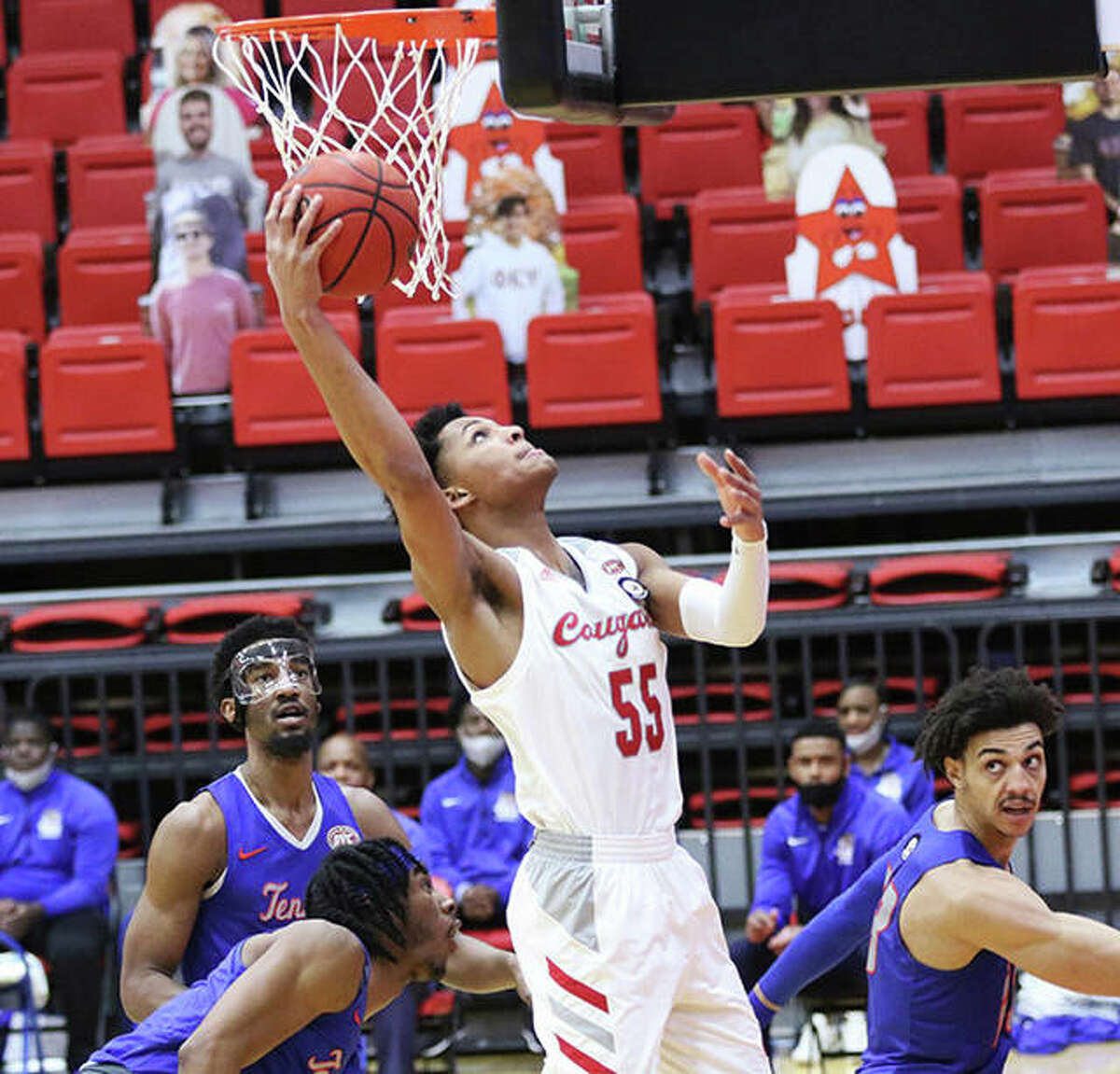SIUE’s Lamar Wright (55) goes up to score in a game against Tennessee State last season at First Community Arena in Edwardsville.