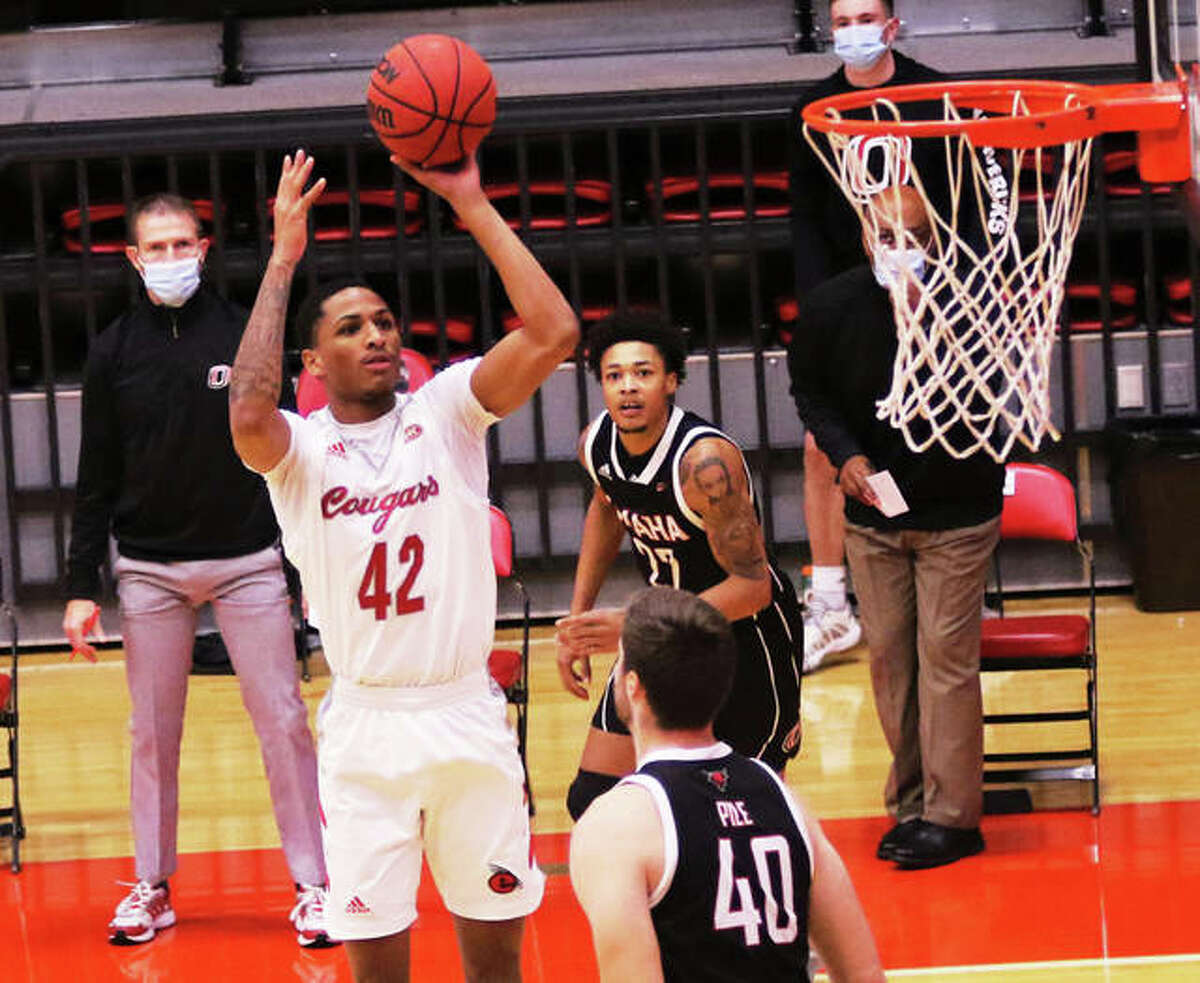 SIUE’s Shamar Wright (42) scored 20 points in his team's win Tuesday night over Omaha. He is shown shooting against Omaha last season at First Community Arena in Edwardsville.