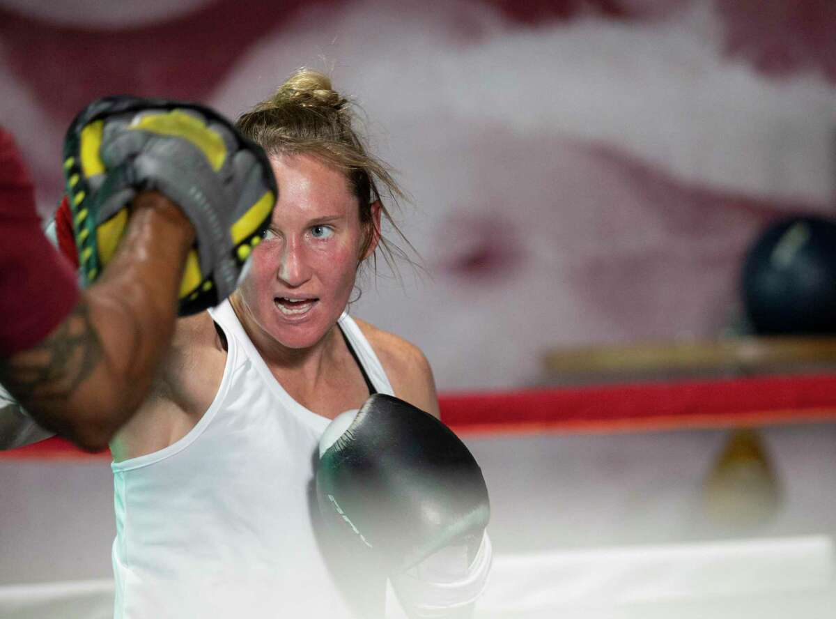 Olympic boxer Ginny Fuchs is photographed in final Houston-area workout before heading to final prep for Tokyo Olympics Saturday, May 29, 2021, at Baby Bull Gym in Houston.
