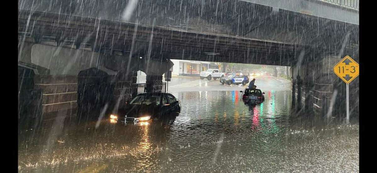Post Road was closed at Tokeneke Road at the underpass in Darien because of heavy flooding on Friday, July 9, 2021.