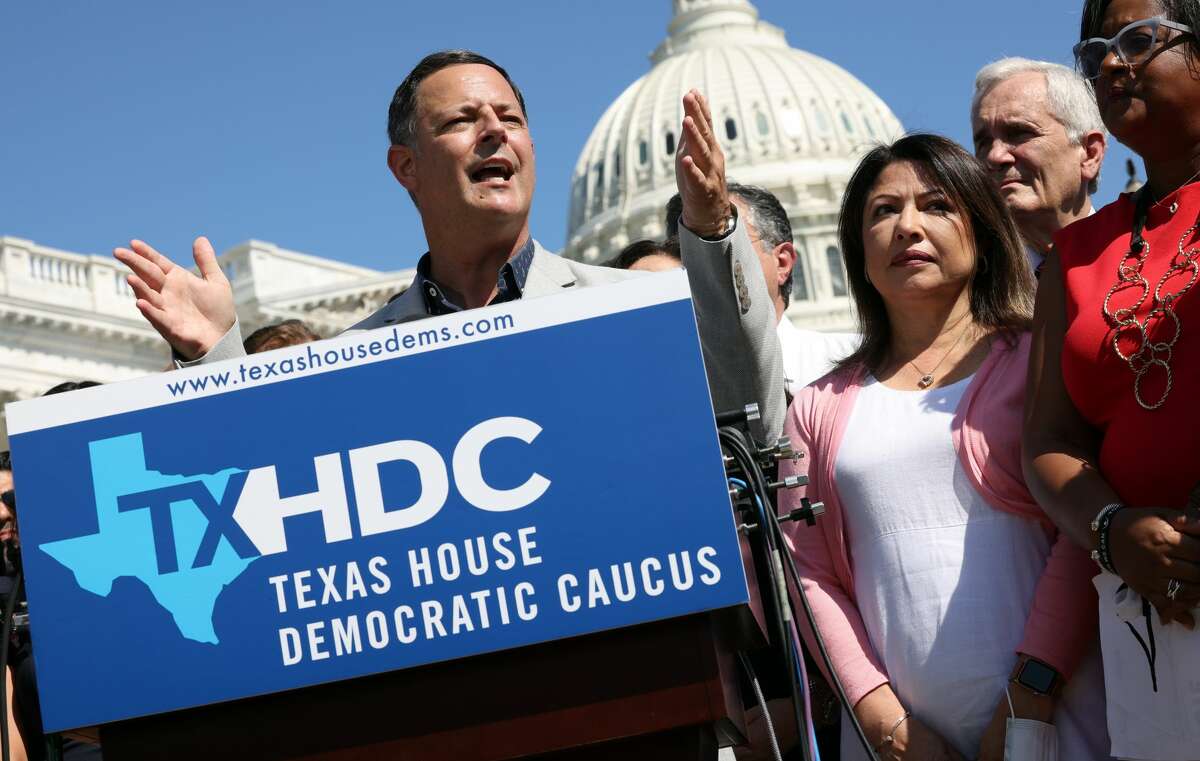 Joined by fellow Texas state House Democrats, Chairman of the Mexican American Legislative Caucus Rep. Rafael Anchia (TX-103) speaks during a news conference on voting rights outside the U.S. Capitol on July 13, 2021 in Washington, D.C. 