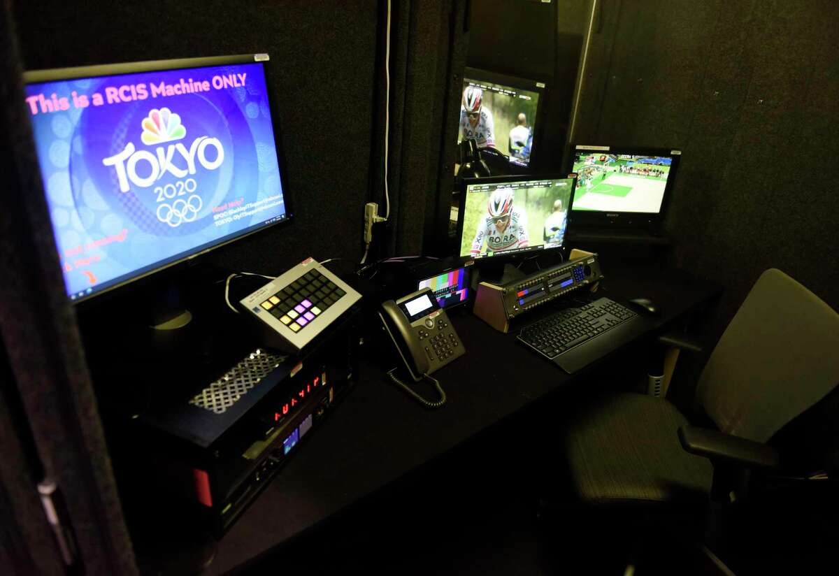 Soundproof announcer booths are set up for Olympic coverage at NBC Sports headquarters in Stamford, Conn. Tuesday, July 13, 2021. NBC Sports is preparing to cover the Tokyo 2020 Olympic Games, which were postponed a year, in a different way than usual due to the lingering pandemic.