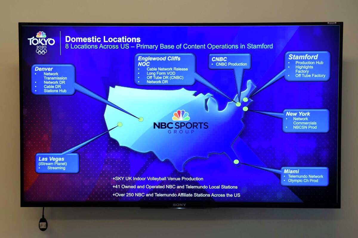 A map shows the many locations of NBC Sports at its headquarters in Stamford, Conn. Tuesday, July 13, 2021. NBC Sports is preparing to cover the Tokyo 2020 Olympic Games, which were postponed a year, in a different way than usual due to the lingering pandemic.