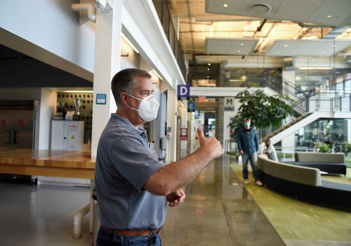 NBC Sports Vice President of Engineering Tim Canary leads a tours of the NBC Sports headquarters in Stamford, Conn. Tuesday, July 13, 2021. NBC Sports is preparing to cover the Tokyo 2020 Olympic Games, which were postponed a year, in a different way than usual due to the lingering pandemic.