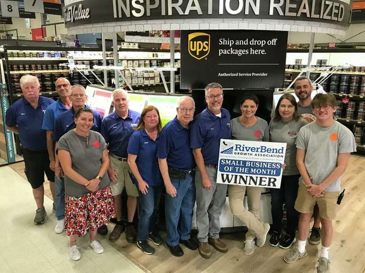 St. Peters Hardware & Rental in Alton has been named the RiverBend Growth Association’s Small Business of the Month. Pictured from left are Steve Rynders, Keith Kremer, Ken Campbell, Jennifer Rose, Doug St. Peters, Ellen Bennett, Dale St. Peters, Dan St. Peters, Beth St. Peters, Danelle St. Peters, David Kasten and Nathan Bennett.
