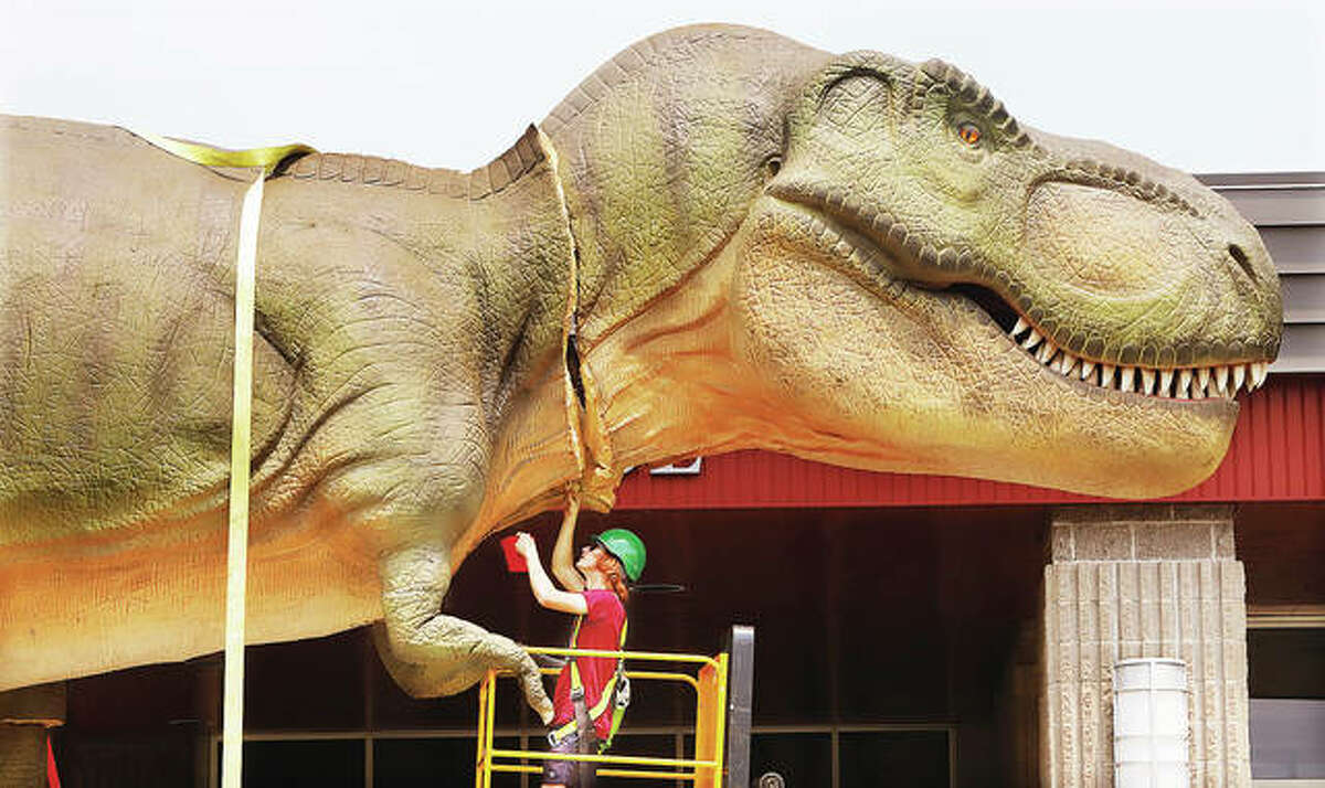 William Scalf, an employee of Dino Stroll, stitches up the seams in the animatronic tyrannosaurus rex being setup Wednesday outside the Gateway Convention Center in Collinsville. The center will host Dino Stroll, an exhibit of more than 70-life-like reptiles and life from the Mesozoic Era, this weekend on July 17-18. T-Rex will move his tail, arms and head.