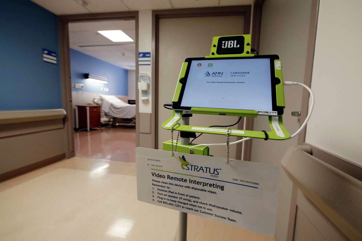 An automated digital translation cart, using an iPad, on display during an open house and tour of the New Latino Health Center of Excellence at the St. Joseph Medical Center Wednesday, Jul. 14, 2021 in downtown Houston, TX.