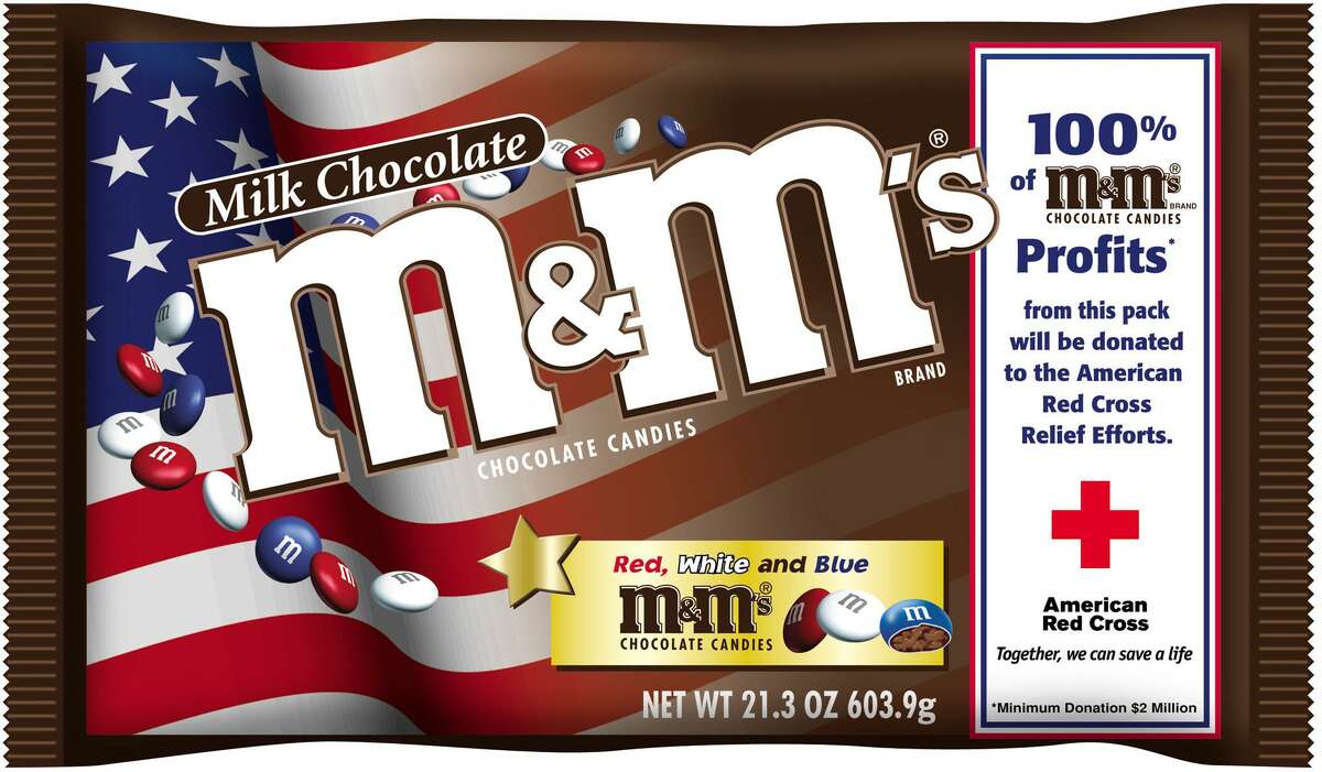 Red, white and blue M&Ms in a U.S. flag decorated package.