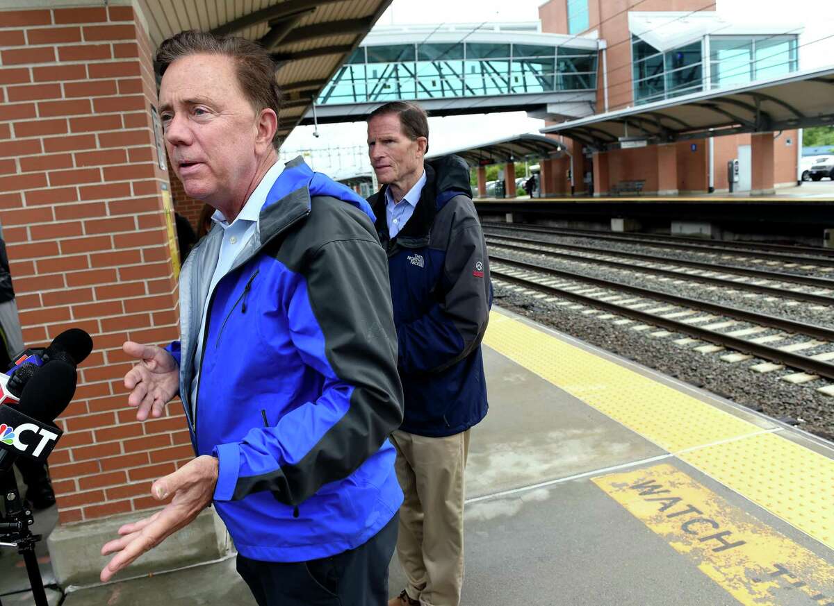 Gov. Ned Lamont speaks at a news conference at West Haven Station following heavy rain from Tropical Storm Elsa on July 9, 2021.