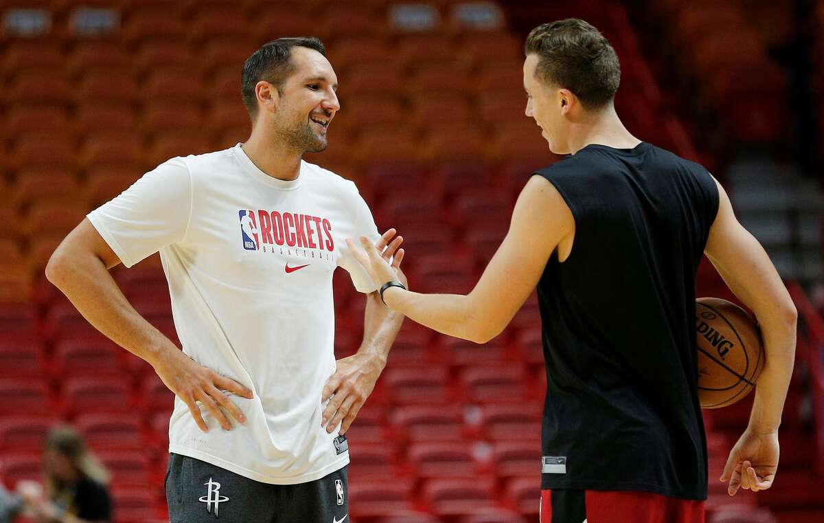 On the latest episode of his podcast The Long Shot, Duncan Robinson told a story with Ryan Anderson about his good friend telling him before a 2019 preseason game that someone on the Rockets staff had asked him why Robinson was starting for the Heat. This photo was taken during a pregame conversation from that preseason game in Miami on Oct. 18, 2019.