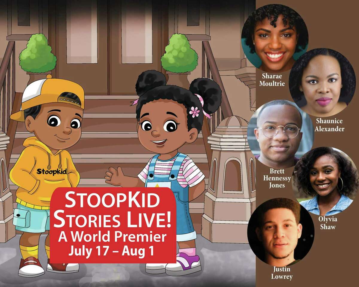 “StoopKid Stories Live!” (world premiere,) image with cast: Shaunice Alexander, Brett Hennessy Jones, Justin Lowrey, Sharae Moultrie, and Olyvia Shaw.