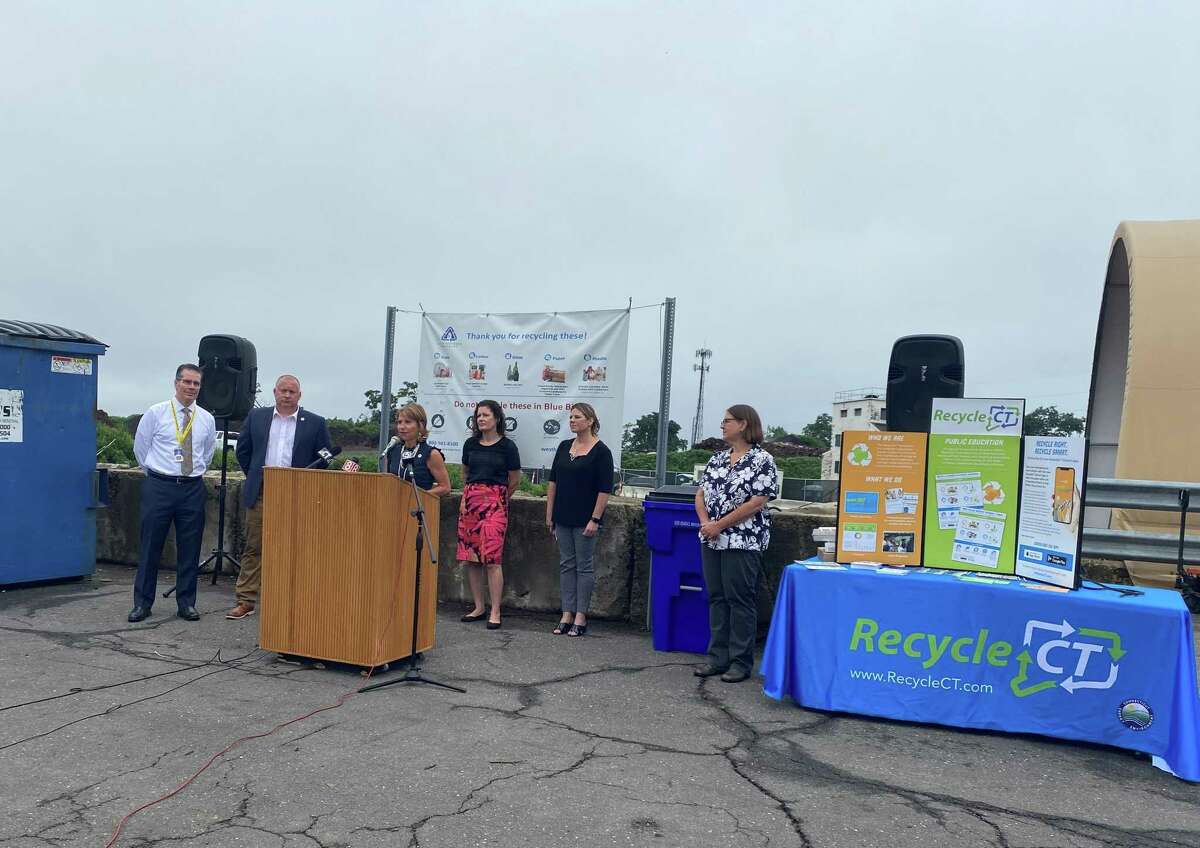 State and local officials announced the launch of The RecycleCT Wizard app at the West Hartford Yard Waste and Recycling Center on July 14, 2021.