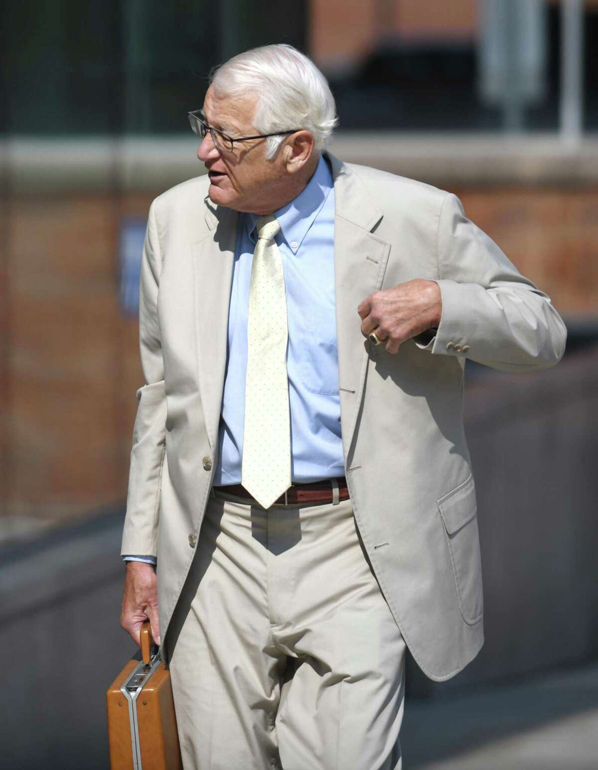 Former Greenwich town official Christopher von Keyserling walks into Connecticut Superior Court in Stamford, Conn. Thursday, July 15, 2021. A verdict was reached Thursday for a case in which von Keyserling was charged with misdemeanor fourth-degree sexual assault for allegedly groping a woman at the Nathaniel Witherell nursing and rehabilitation center in 2016.