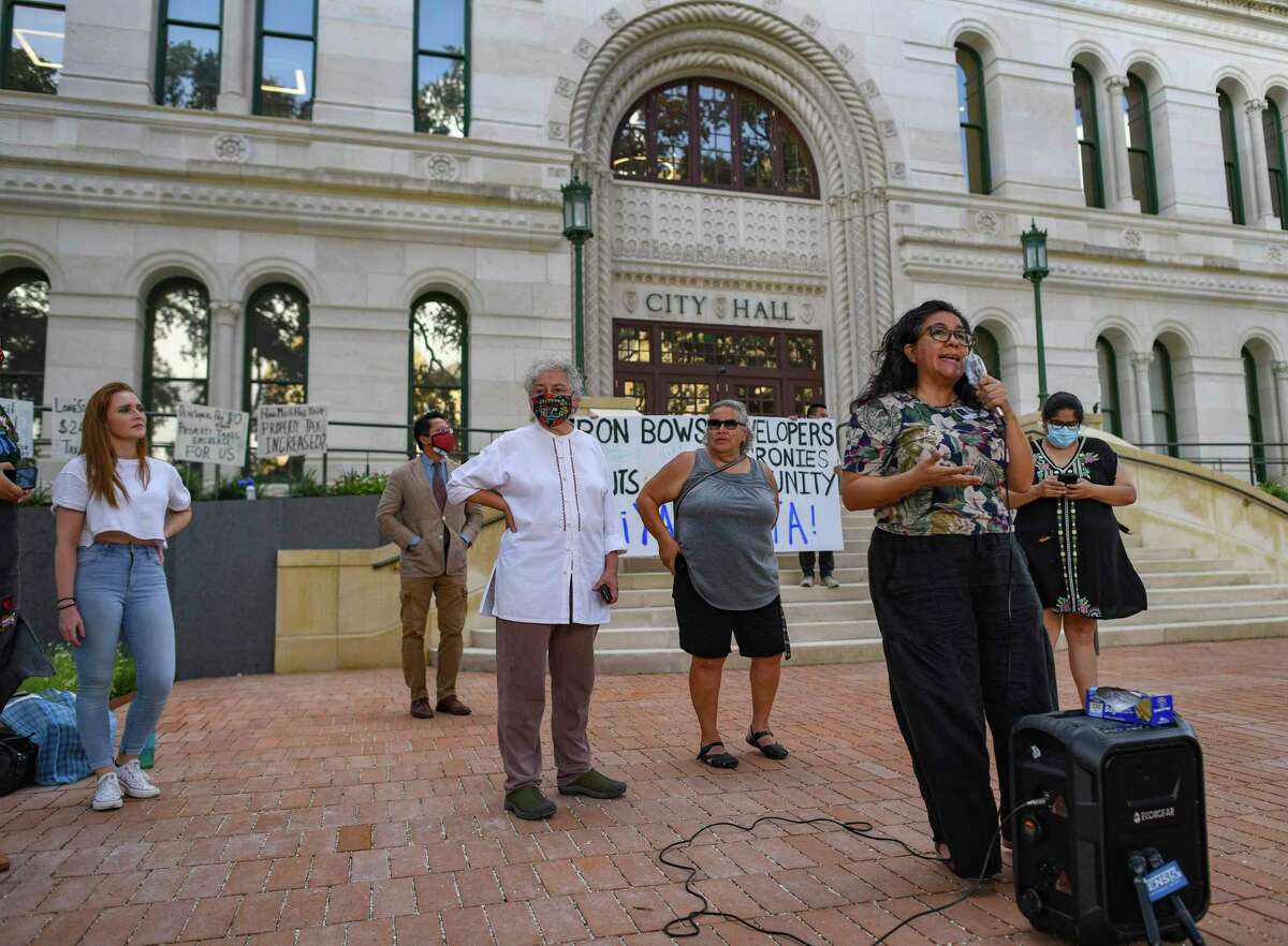 Jessica Guerrero, chair of San Antonio's Housing Commission, speaks during a press conference regarding the city's housing at City Hall on Wednesday, July 14, 2021.