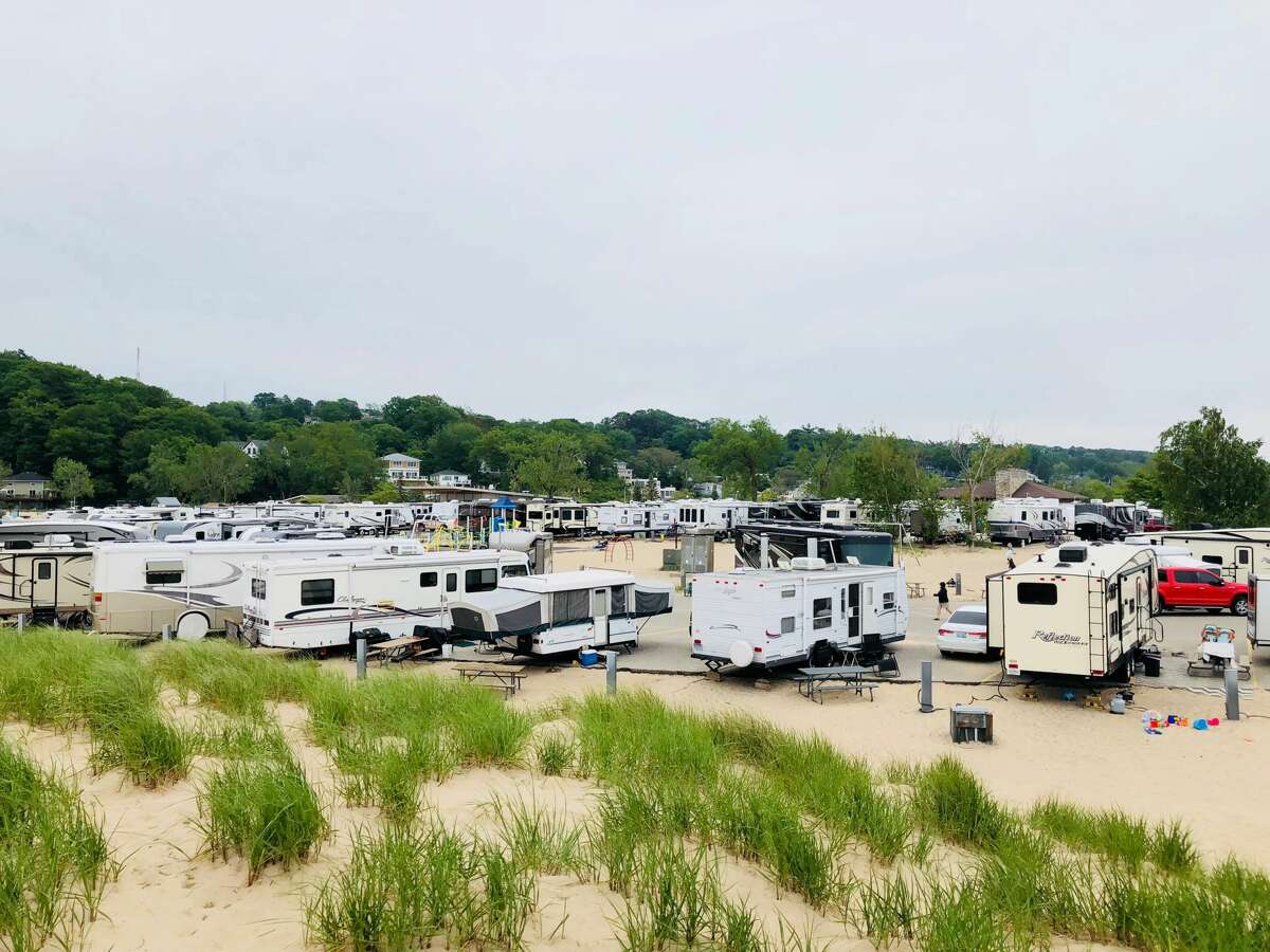 Recreation vehicles gather at Grand Haven State Park.