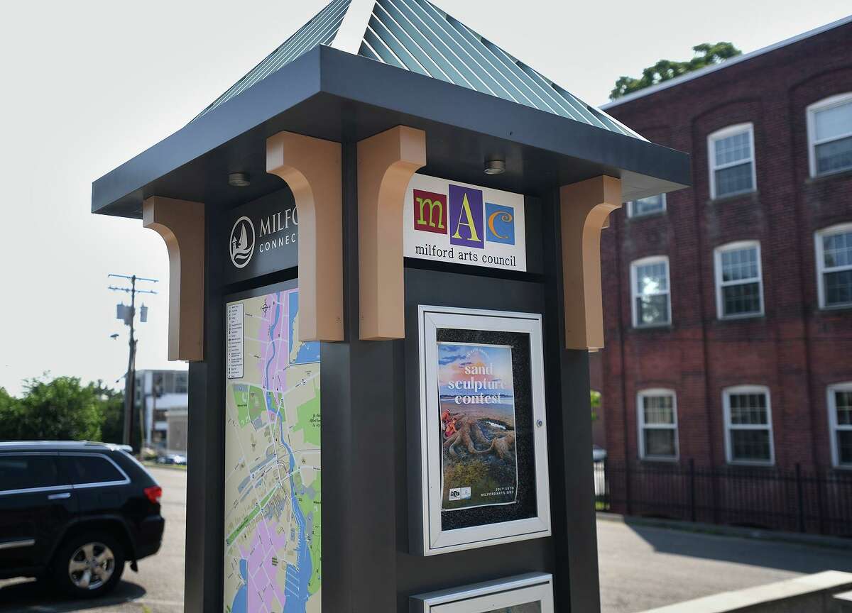 A kiosk advertises upcoming events outside the Milford Arts Council's headquarters at 40 Railroad Avenue in Milford Conn. on Thursday, July 15, 2021.
