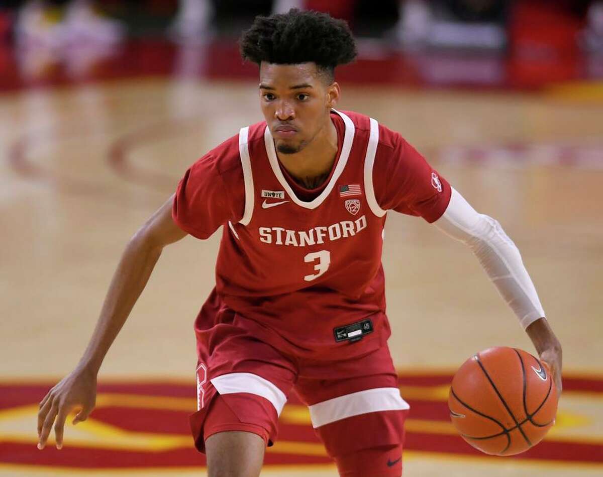 Ziaire Williams #3 of the Stanford Cardinal plays the USC Trojans at Galen Center on March 3, 2021 in Los Angeles, California.