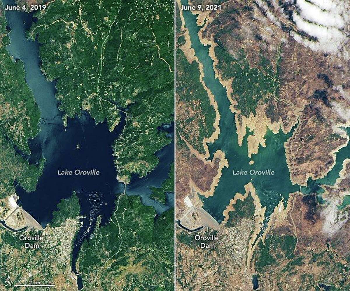 Satellite images showing Lake Oroville depleted by drought conditions.
