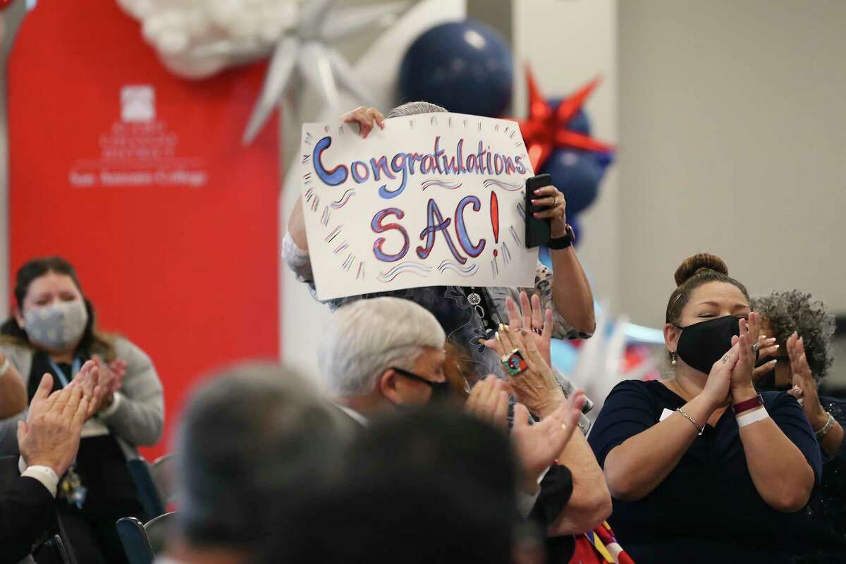 The crowd celebrates the naming of San Antonio Colleges as the top community college in the U.S. by the Aspen Institute in May. The Texas Legislature passed workforce development programs that require collaboration between employers, high schools and community and technical colleges.