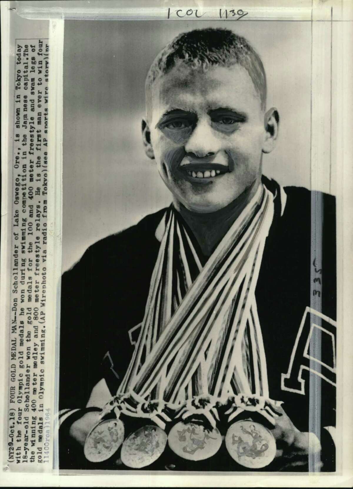 Don Schollander won four Olympic gold medals for the 100 and 400 meter freestyle and swam legs of the winning 400 meter medley and 800 meter freestyle relays in 1964.