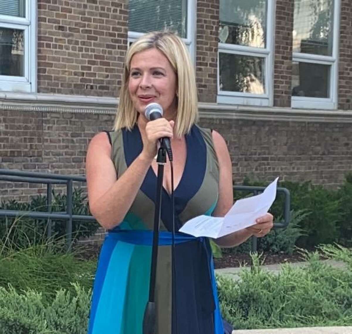 Tara Ochman, a Democrat, announced her candidacy for first selectman in front of Darien Town Hall Thursday, July 15, 2021.