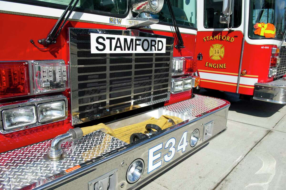 A large magnet indicates that Glenbrook's engine 34 is currently serving as Stamford Fire Rescue engine 5 at Woodside on Wednesday, April 3, 2013.