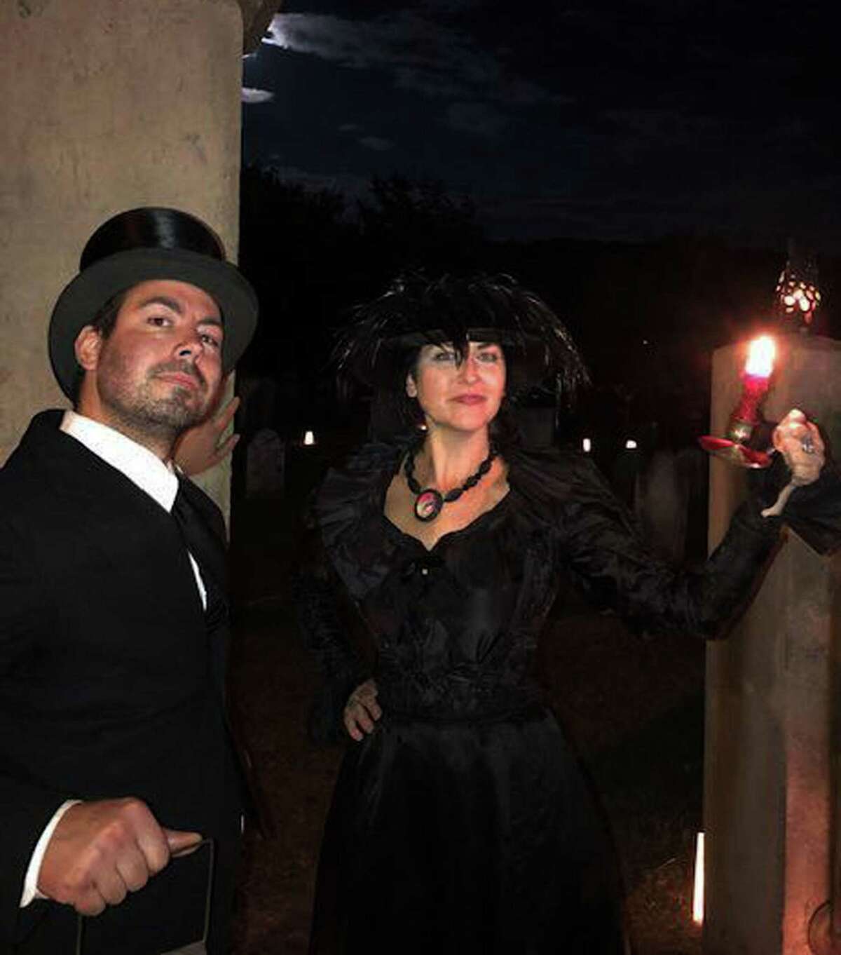 New Milford Historical Society and Museum Board Member Justin Krul and friend Susan Snow serve as charismatic gatekeepers for a past cemetery tour.