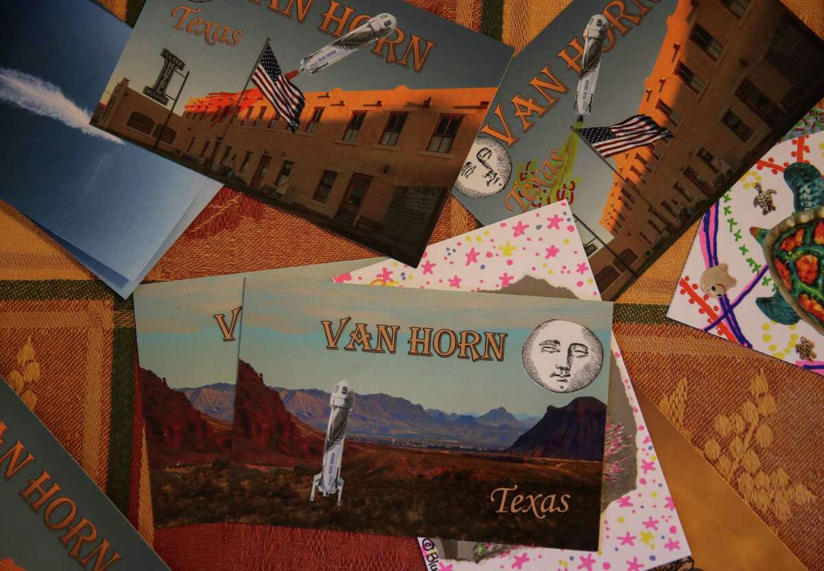 Handmade postcards, made by Patricia Golden, are displayed on a table Friday, July 2, 2021, at the Clark Hotel Historical Museum in Van Horn. Blue Origin has built launch facilities nearby.