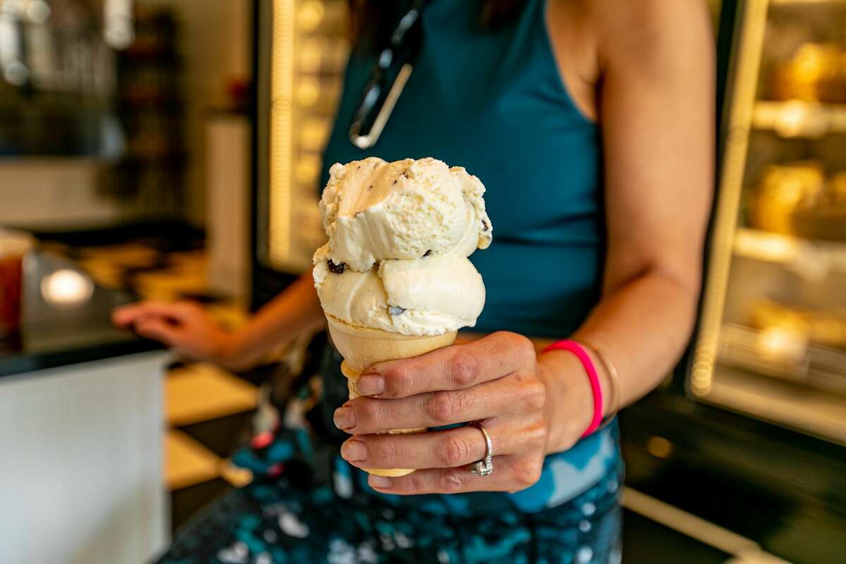 Chocolate chip ice cream at Waffle cones are made in house at Arethusa Farm Dairy in Bantam on July 15, 2021.