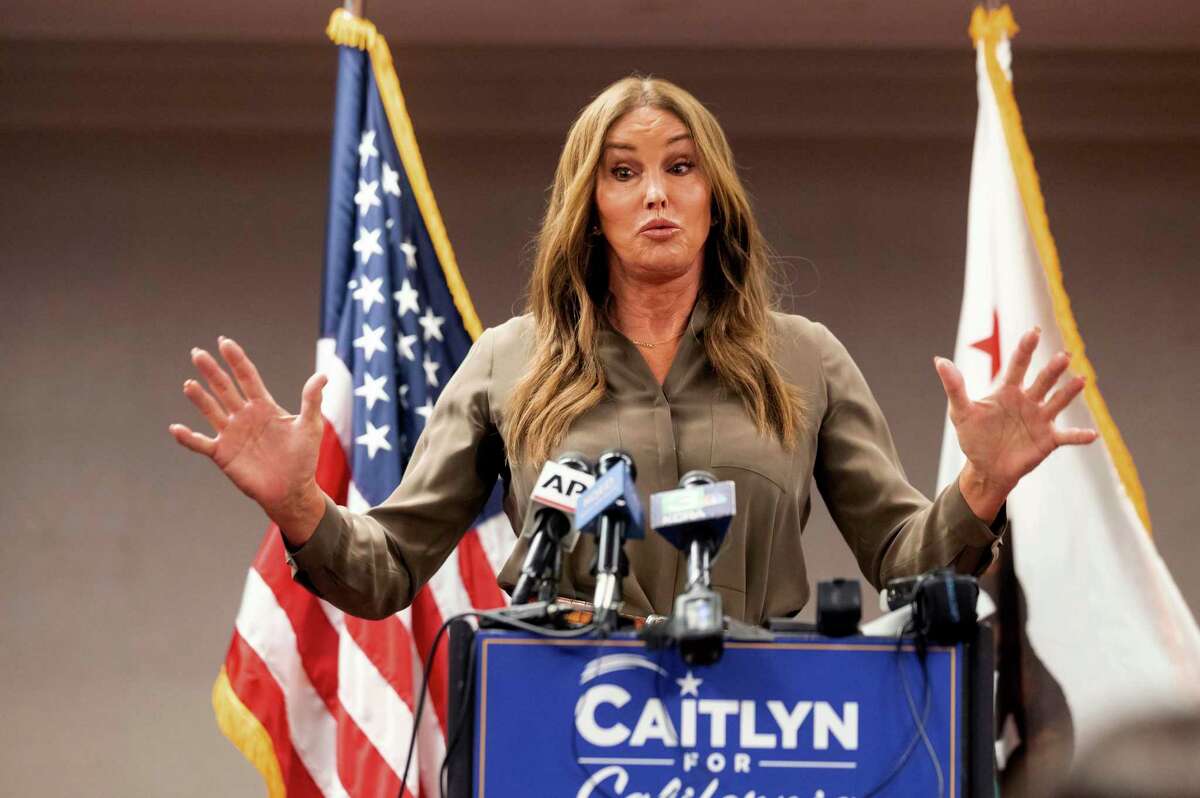 Caitlyn Jenner, a Republican candidate for California governor, speaks on July 9, 2021 during a news conference in Sacramento, Calif. She says she’s still running in the recall election despite reports that she has traveled to Australia to film a TV show.