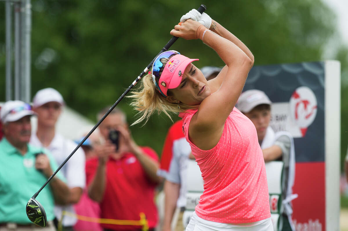LPGA player Lexi Thompson tees off in the third round of play during the Dow Great Lakes Bay Invitational Friday, July 16, 2021 at the Midland Country Club. (Katy Kildee/kkildee@mdn.net)