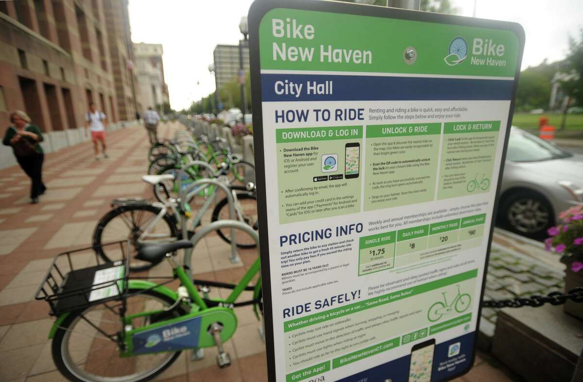 The Bike New Haven bike-sharing station outside City Hall on Church Street in New Haven, Conn. on Tuesday, October 9, 2018. Using a cellphone app, bikes can be rented on an hourly, daily, monthly, or yearly basis.