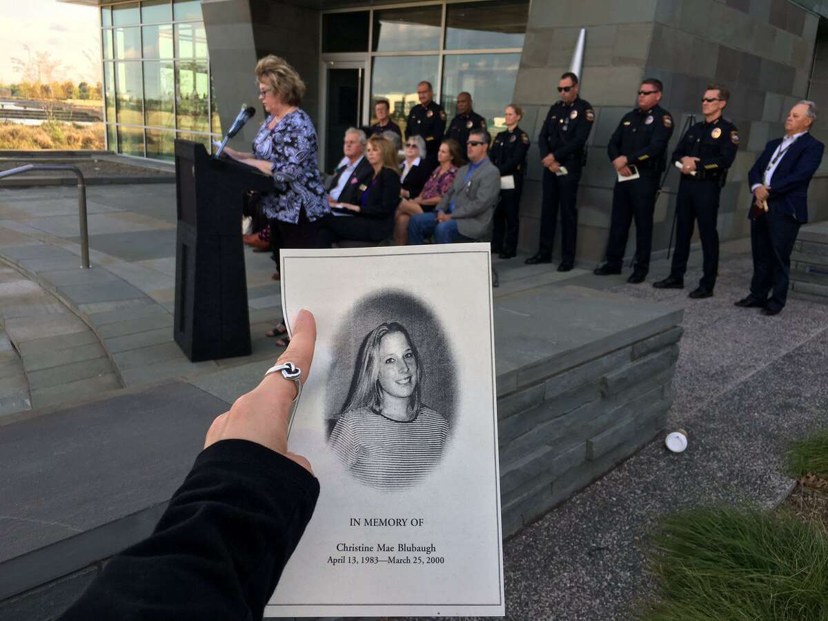 Grand Prairie Police Department shared this image on Twitter in October 2017 of Debra Blubaugh sharing the story of her daughter Christine, who was murdered by an ex-boyfriend when she was 16. Debra Blubaugh shares has been trying to get domestic violence education legislation passed.