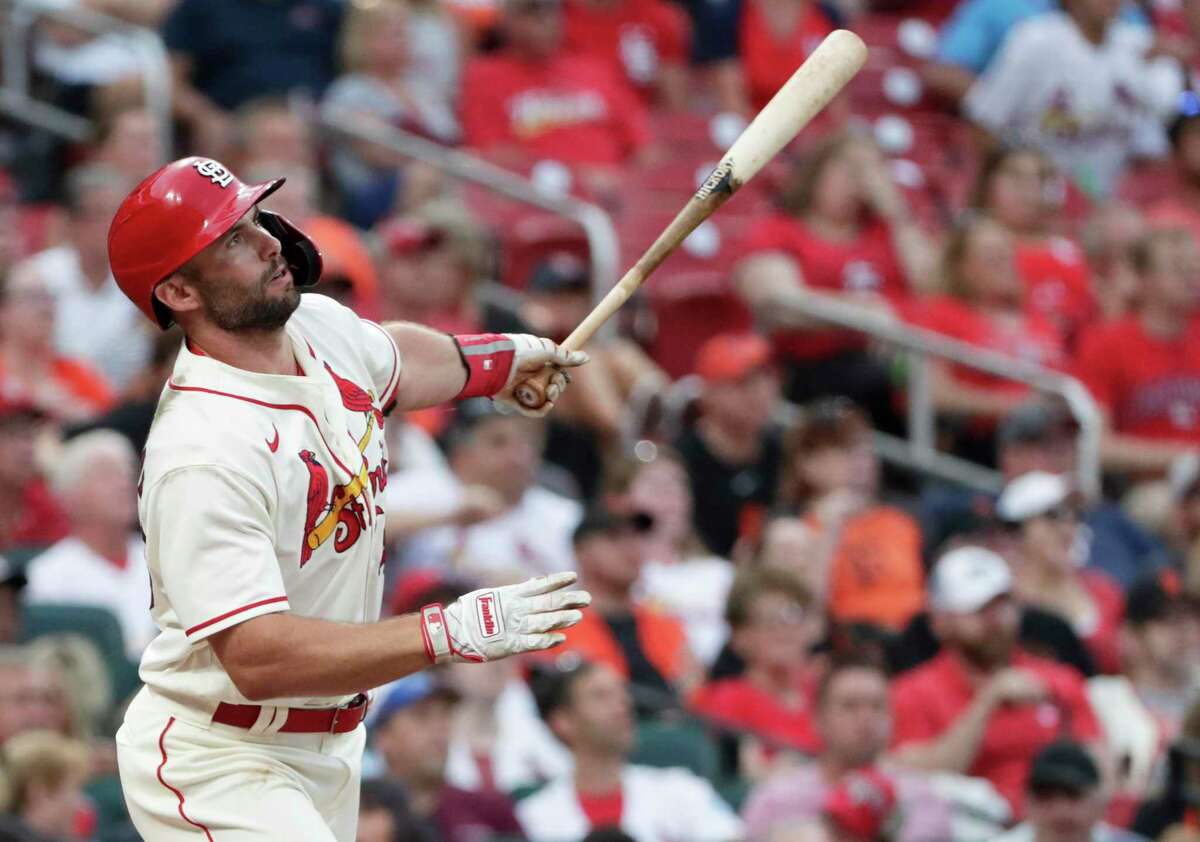 St. Louis Cardinals' Paul Goldschmidt watches his two-run home run in the sixth inning of the team's baseball game against the San Francisco Giants, Saturday, July 17, 2021, in St. Louis. (AP Photo/Tom Gannam)