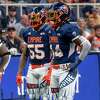 Albany Empire linebackers Trevon Shorts (55) and Patrick Macon (44) during a National Arena League game against the Jersey Flight at the Times Union Center, in Albany, NY, on Saturday, July 17, 2021. (Jim Franco/Special to the Times Union)
