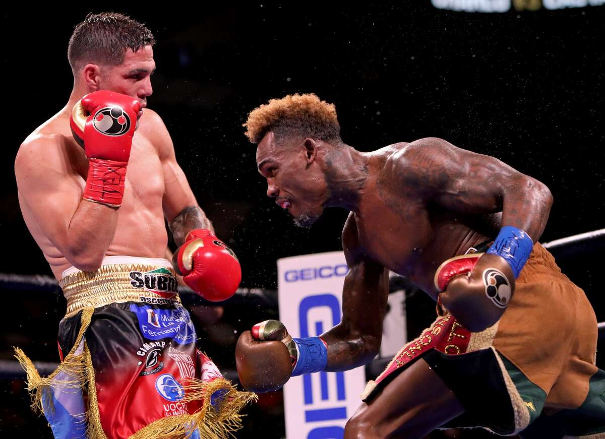 Jermell Charlo (R) and Brian Castano (L) exchange punches during their Super Welterweight fight at AT&T Center on July 17, 2021 in San Antonio, Texas. The Jermell Charlo and Brian Castano fight ended in a split draw. (Photo by Edward A. Ornelas/Getty Images)