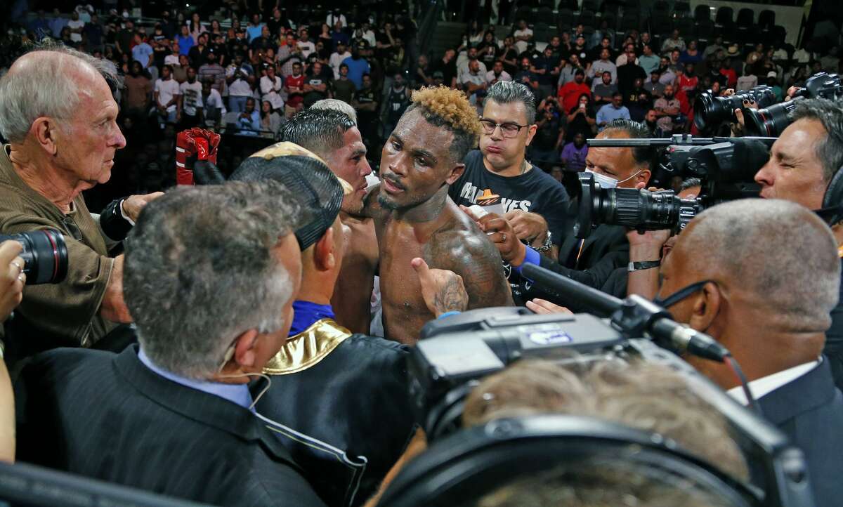 Jermell Charlo hugs Brian Castano after their fight wa declared a draw on Saturday, July 17, 2021 at the AT&T Center.
