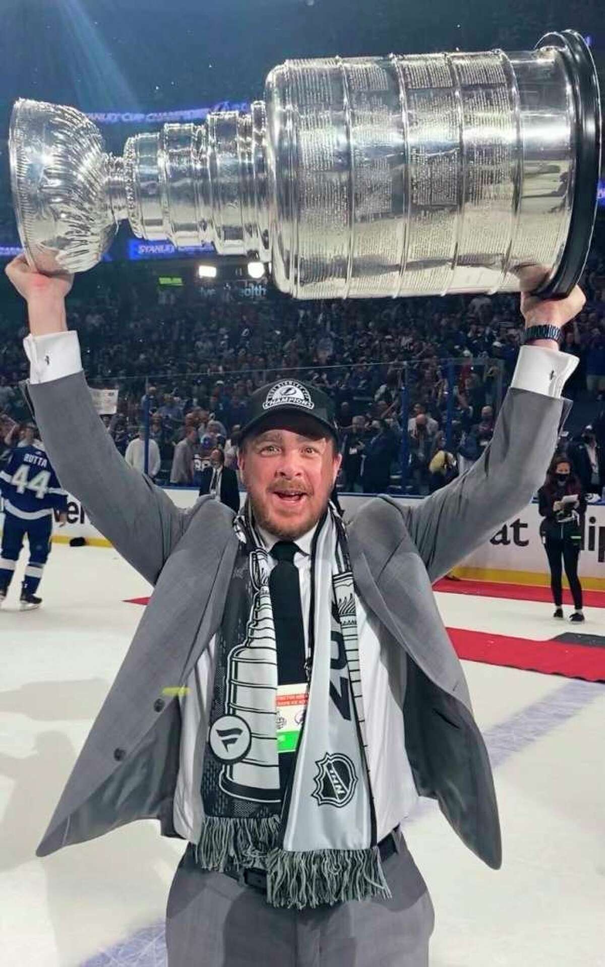 Big Rapids native Brian Garlock, in his eighth season as video coordinator with the Tampa Bay Lightning, skates with the Stanley Cup after his team won it earlier this month. He was scheduled to bring it to Big Rapids for public viewing on Sunday, but tested positive for COVID-19 late Saturday night, forcing the event's abrupt cancellation. (Courtesy photo)
