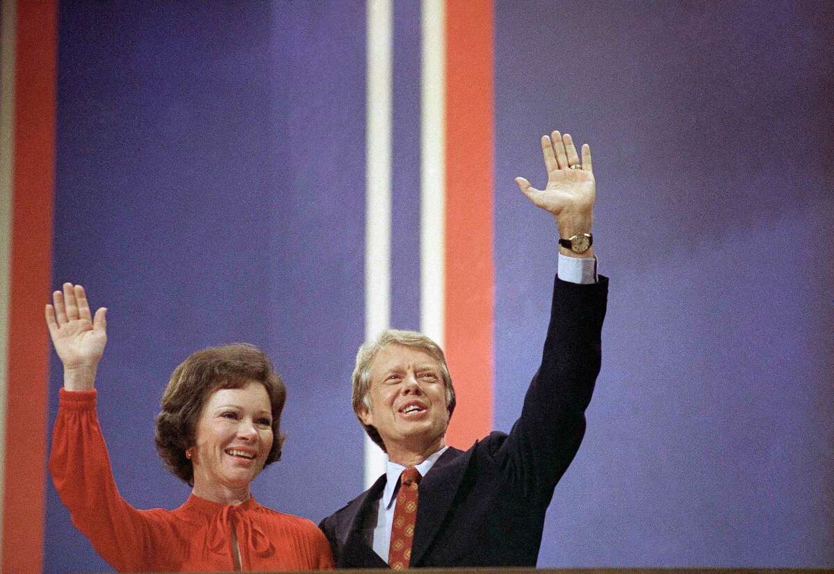 Jimmy Carter with wife Rosalynn Carter at the 1976 Democratic Convention in Madison Square Garden in New York.