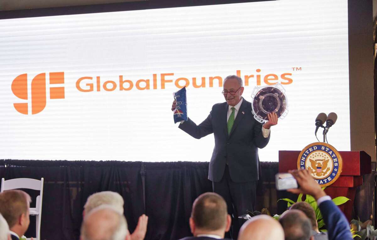 Senate Majority Leader Charles Schumer earlier this year at GlobalFoundries' Fab 8 campus. The company is expected to raise as much as $2.9 billion in an IPO Thursday. (Paul Buckowski/Times Union)