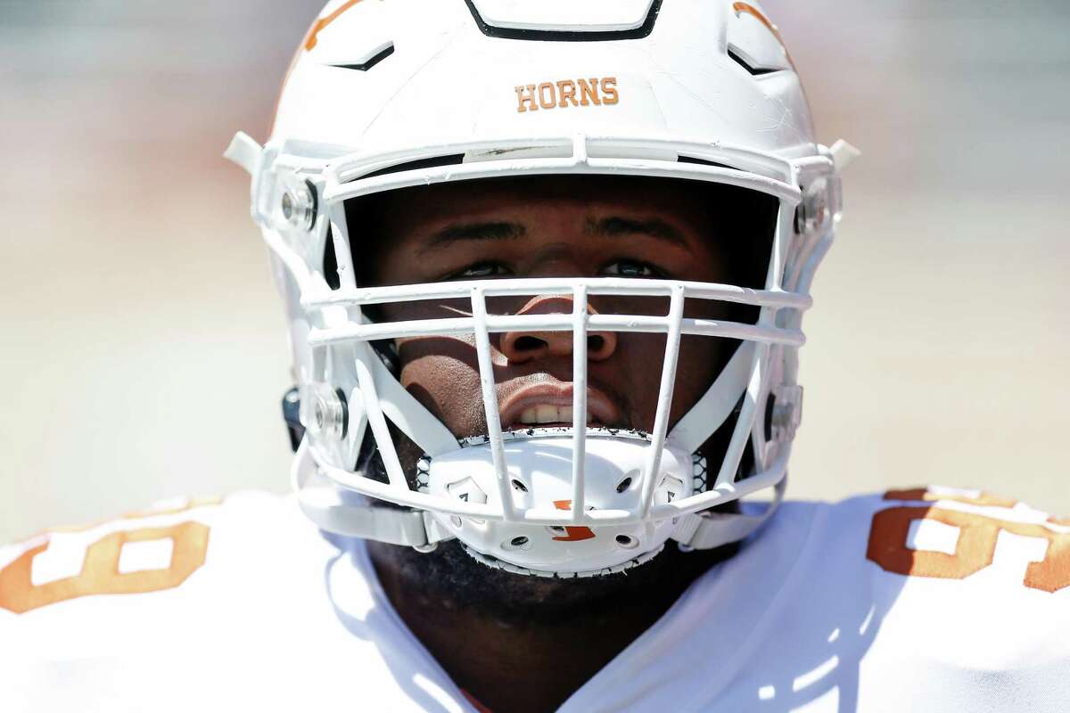 Keondre Coburn of the Texas Longhorns warms up before the Texas Football Orange-White Spring Game at Darrell K Royal-Texas Memorial Stadium on April 24, 2021 in Austin, Texas.