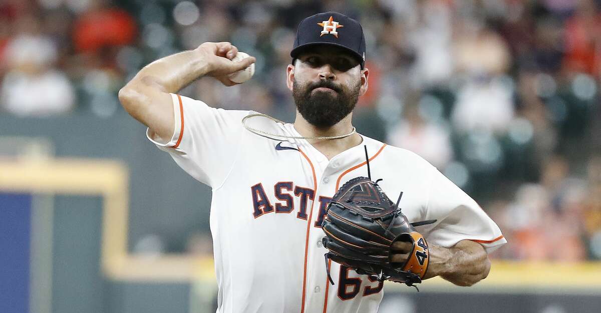 Houston Astros starting pitcher Jose Urquidy (65) pitches during the first inning of an MLB baseball game at Minute Maid Park, Tuesday, June 29, 2021, in Houston.