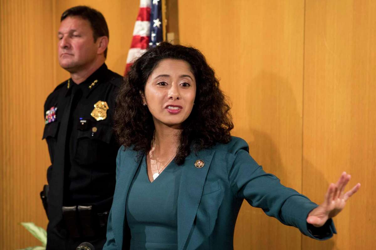 Harris County Judge Lina Hidalgo speaks about a $2.5 million proposal to add three visiting judges to eliminate the backlog in Harris County courts during a news conference Tuesday, July 20, 2021 in Houston.