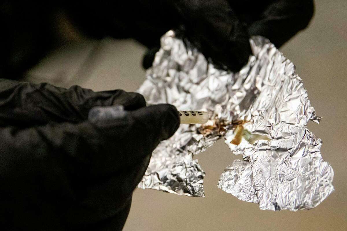 A BART police officer displays the fentanyl he confiscated while patrolling the Civic Center Station platform. Law enforcement officials across the country have issued dire warnings about secondary exposure to fentanyl, but medical experts said that is a misconception.